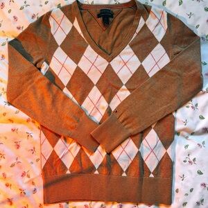 Tommy Hilfiger Womens Tan Argyle V-Neck Sweater White Pattern Vintage Preppy